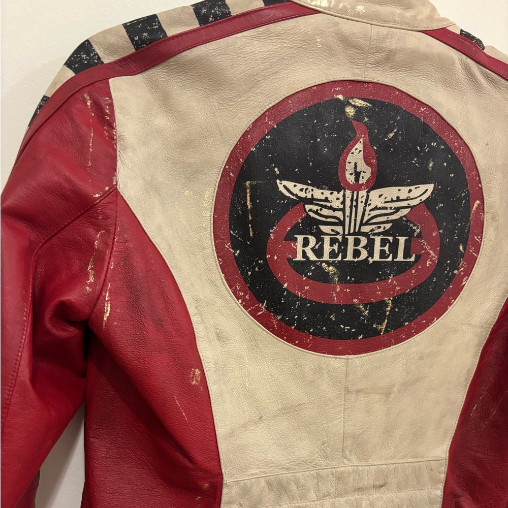Wilsons Leather Cream and Red Racing Patch Leather Jacket - Picture 7 of 9
